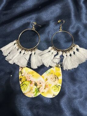 Boho Gold Hoop Earrings with White Tassels and Yellow Floral Drops